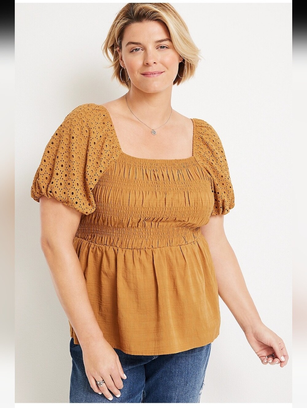 NWOT Maurices Eyelet Puff-Sleeve Smocked Top